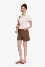 Quần short jean nâu cạp cao