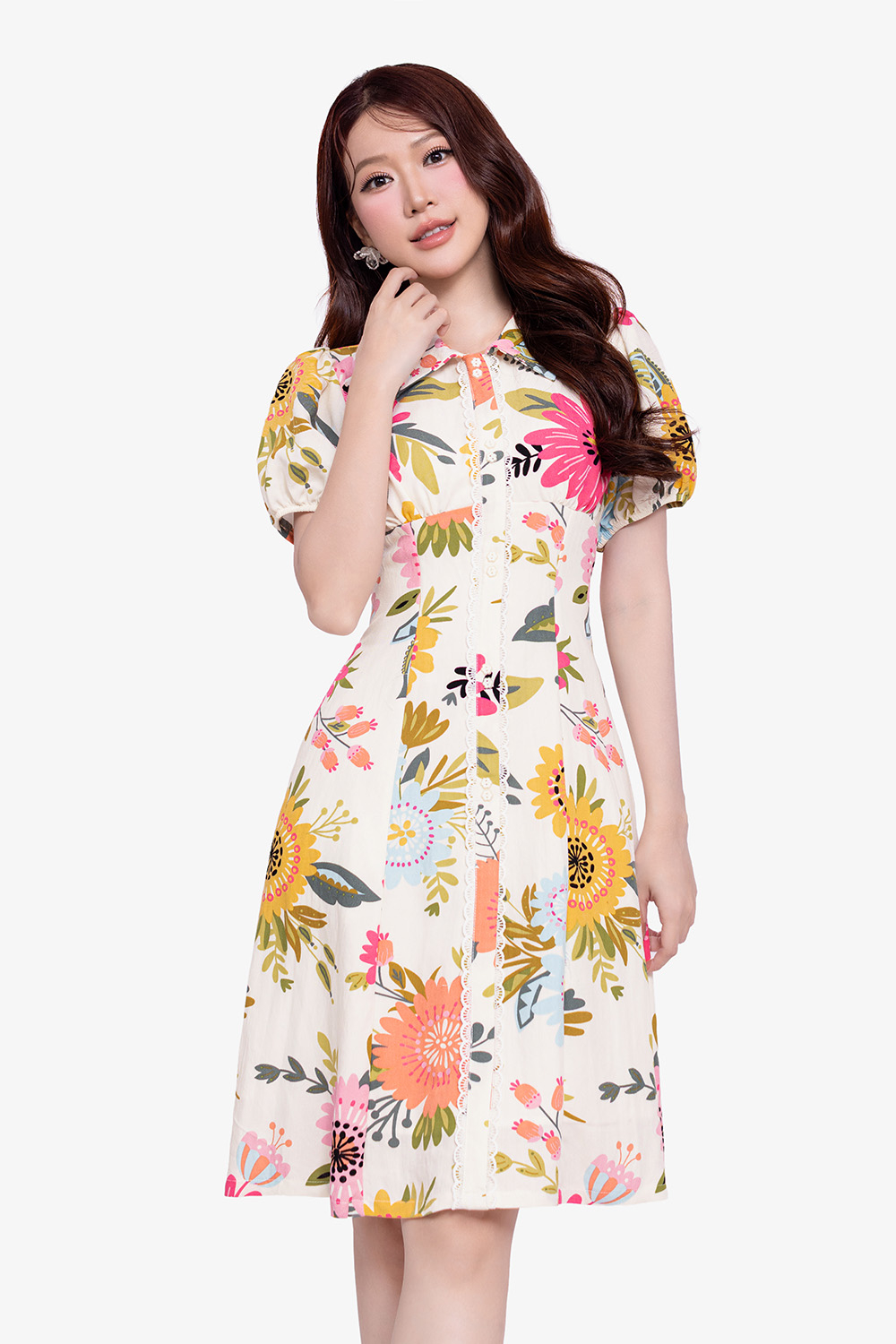 Đầm linen hoa cổ sơ mi phối ren
