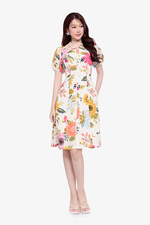 Đầm linen hoa cổ sơ mi phối ren