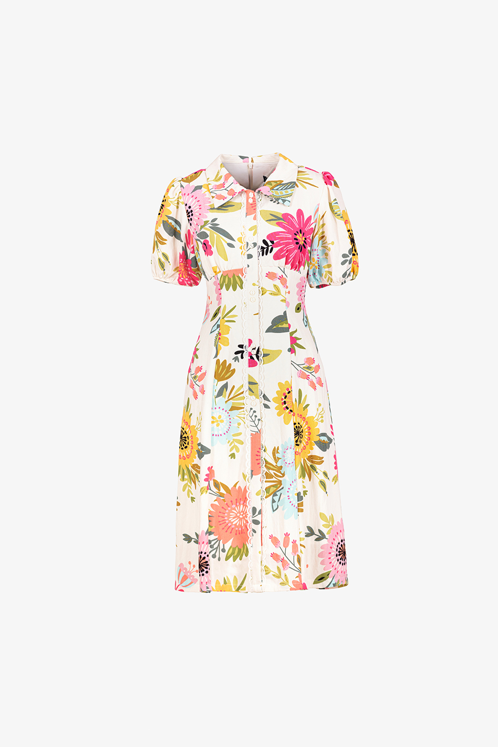 Đầm linen hoa cổ sơ mi phối ren