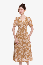 Đầm xòe chữ A họa tiết hoa cổ V phối nút