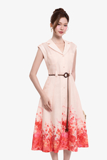 Đầm xòe dài cổ vest in hoa tùng váy