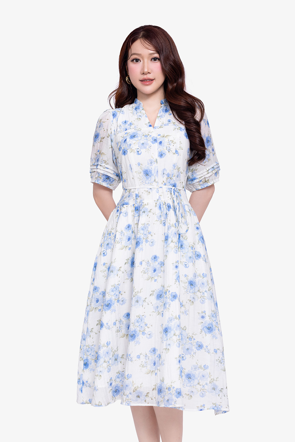 Đầm hoa dáng xòe cổ xẻ V thắt nơ eo