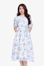 Đầm hoa dáng xòe cổ xẻ V thắt nơ eo