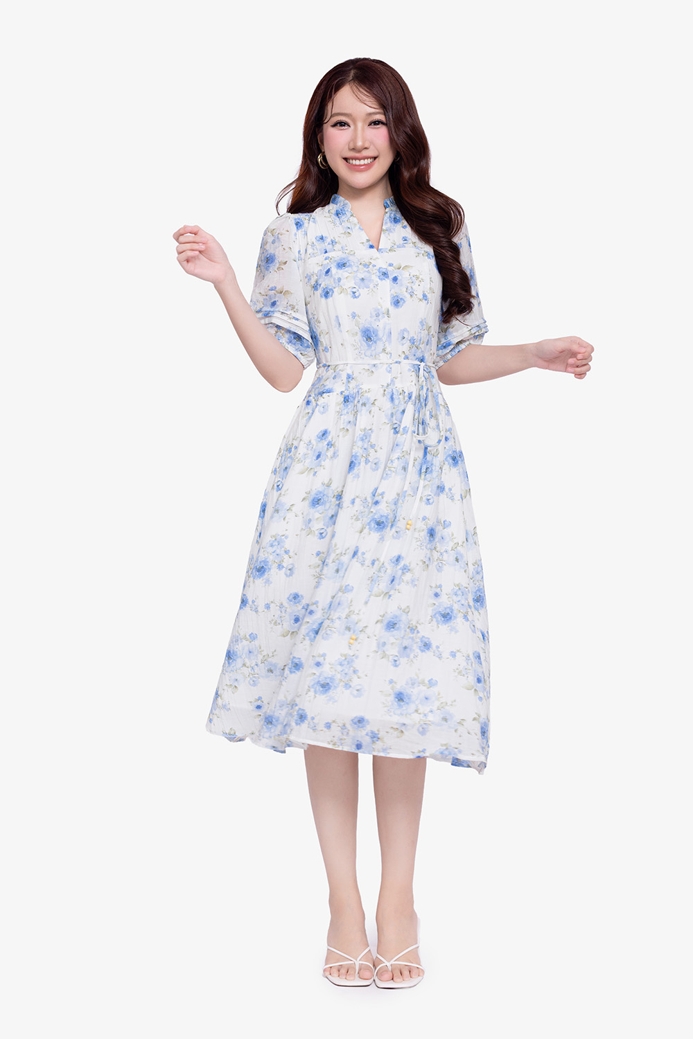 Đầm hoa dáng xòe cổ xẻ V thắt nơ eo