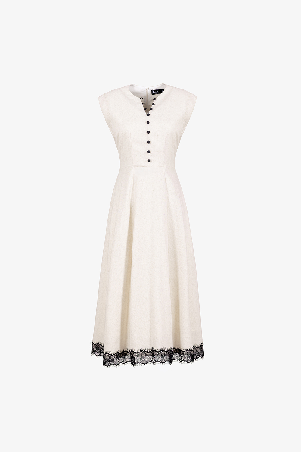 Đầm linen dáng xòe dài cổ V phối ren