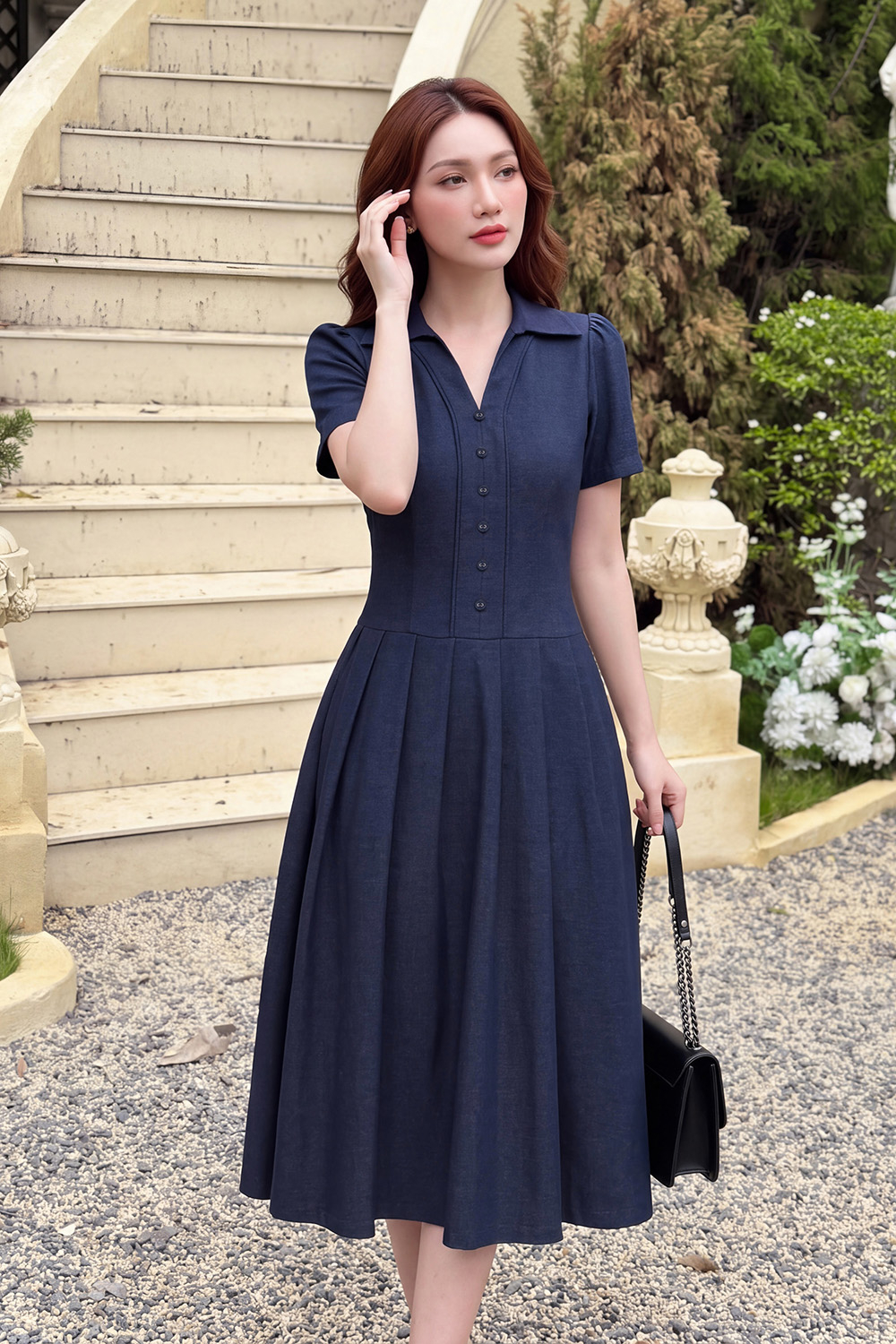 Đầm jean sơ mi công sở dáng xòe xếp ly KK189-03