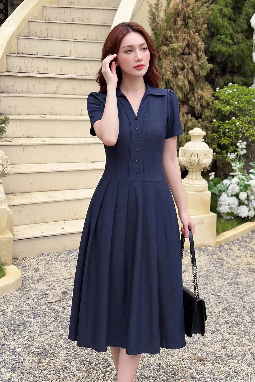 Đầm jean sơ mi công sở dáng xòe xếp ly