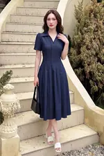 Đầm jean sơ mi công sở dáng xòe xếp ly
