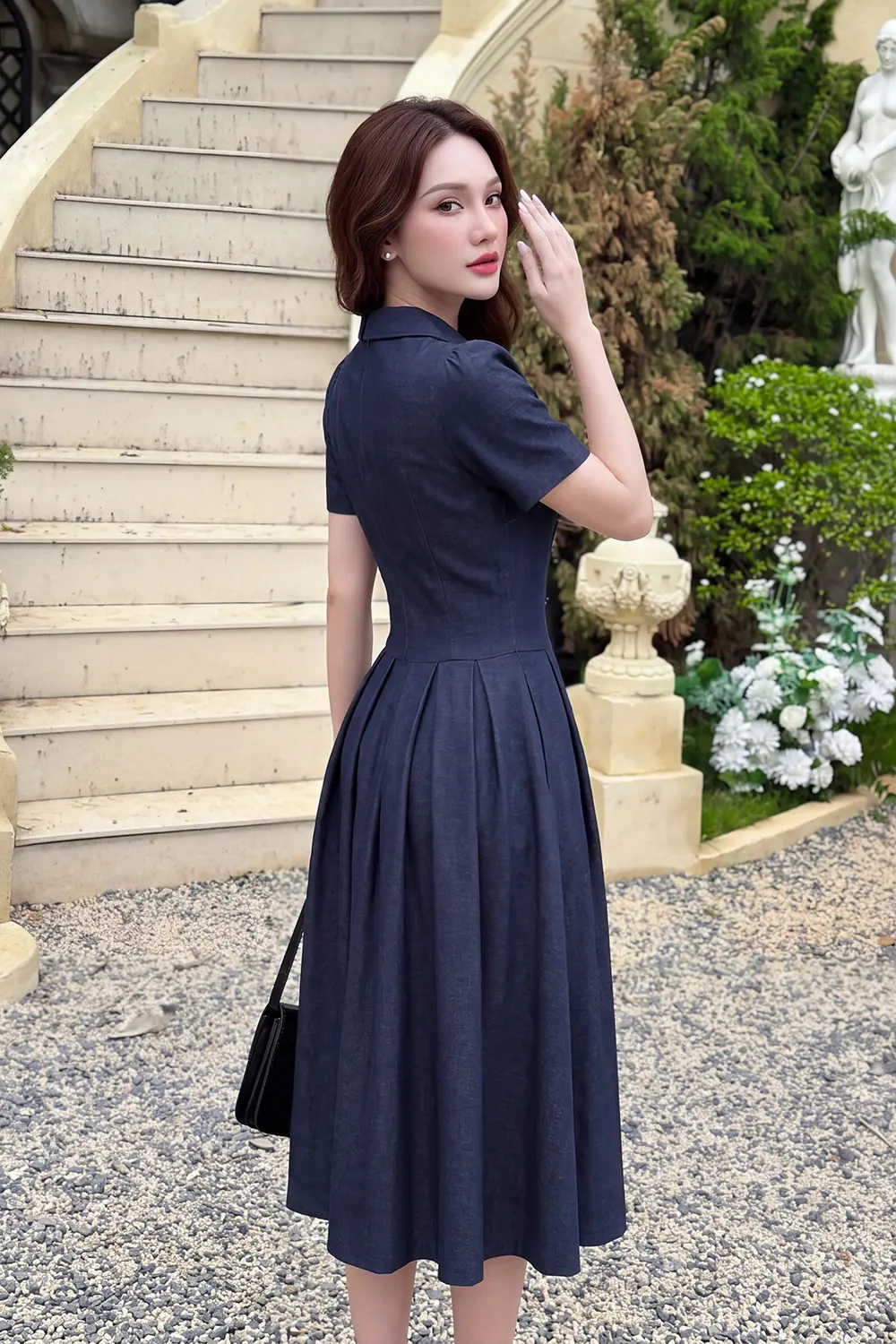Đầm jean sơ mi công sở dáng xòe xếp ly