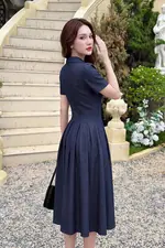Đầm jean sơ mi công sở dáng xòe xếp ly