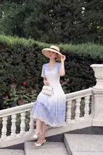 Đầm voan lụa ombre thêu 3D cổ V dáng xòe