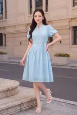 Đầm xòe màu xanh tay chuông đính nút