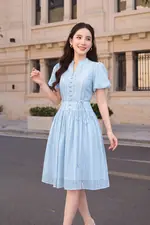 Đầm xòe màu xanh tay chuông đính nút