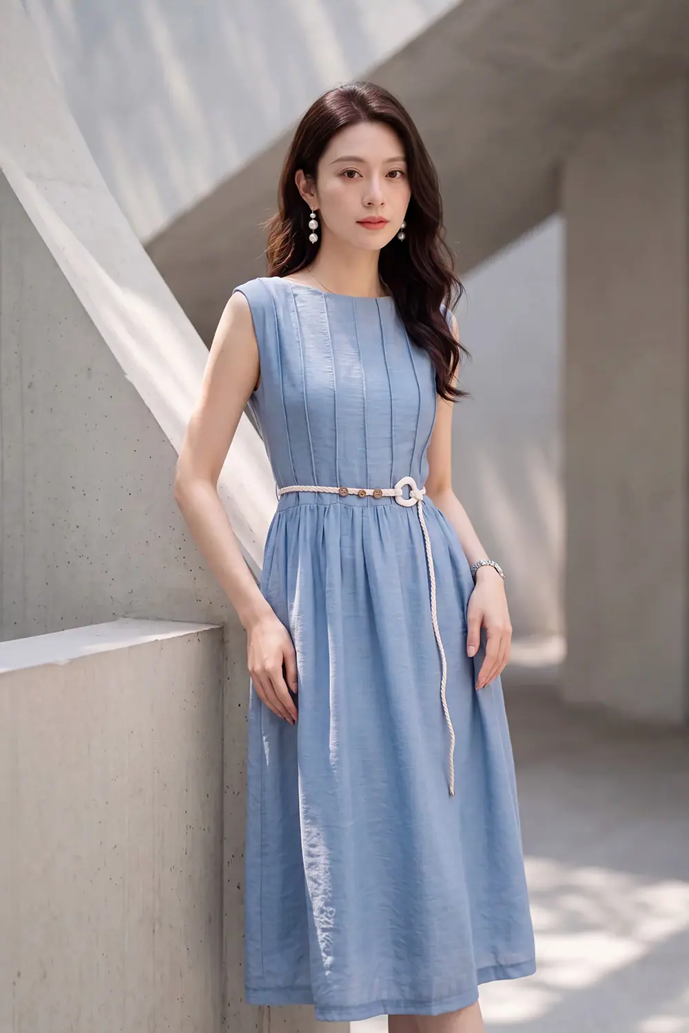 Đầm xòe sát nách màu xanh pastel kèm thắt lưng