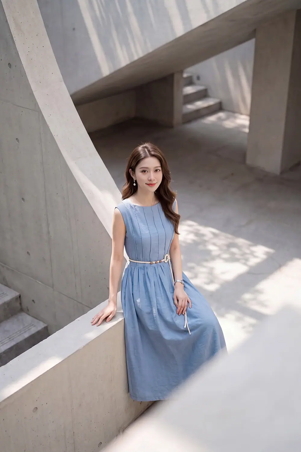 Đầm xòe sát nách màu xanh pastel kèm thắt lưng