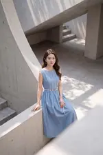 Đầm xòe sát nách màu xanh pastel kèm thắt lưng