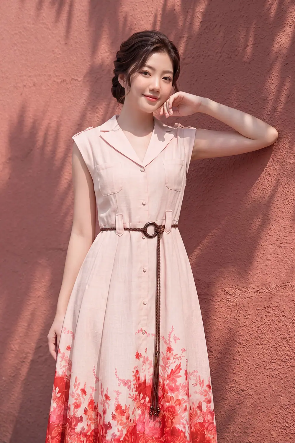 Đầm xòe dài cổ vest in hoa tùng váy