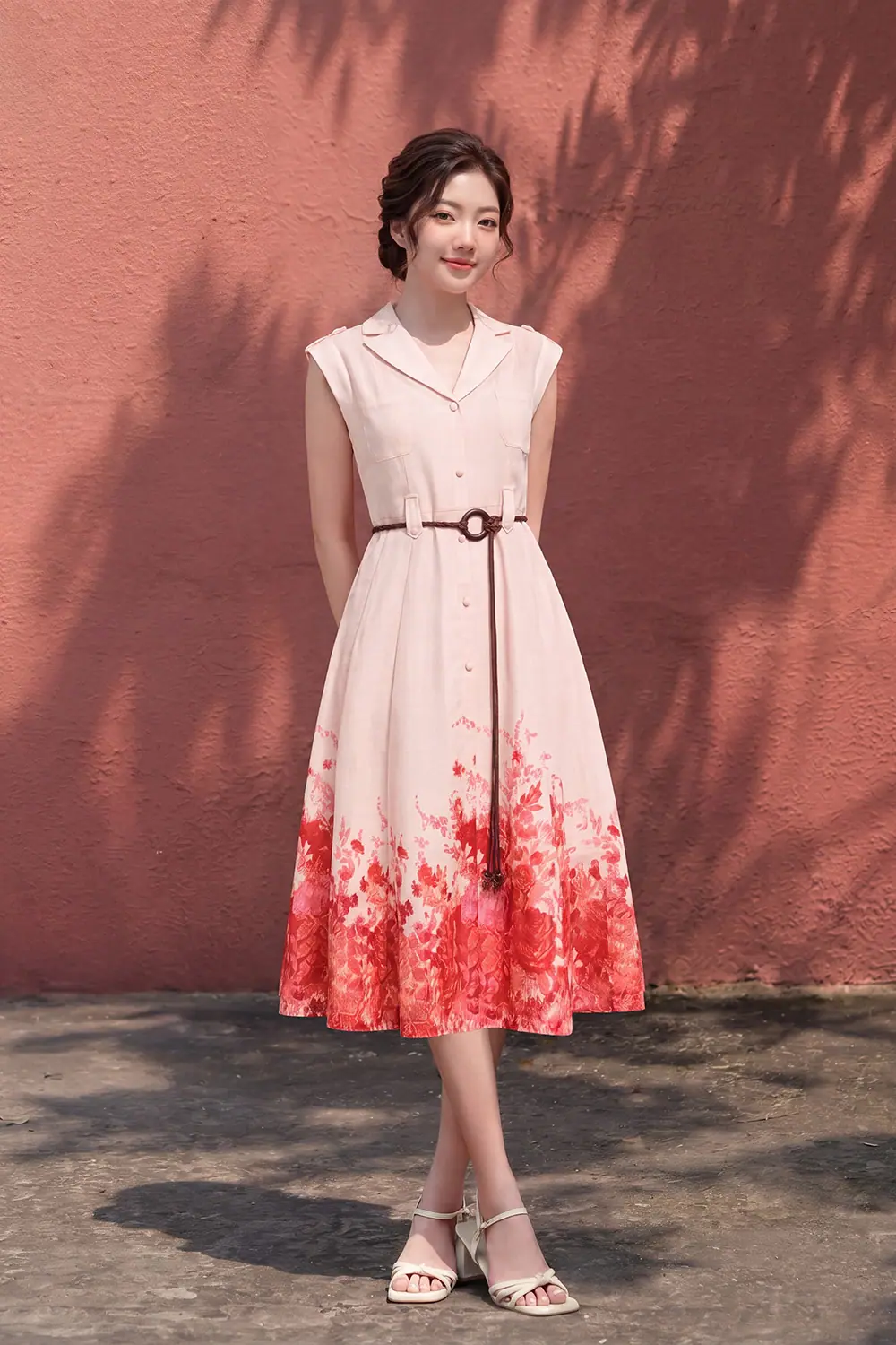 Đầm xòe dài cổ vest in hoa tùng váy