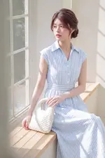 Đầm sơ mi công sở kẻ sọc dáng xòe