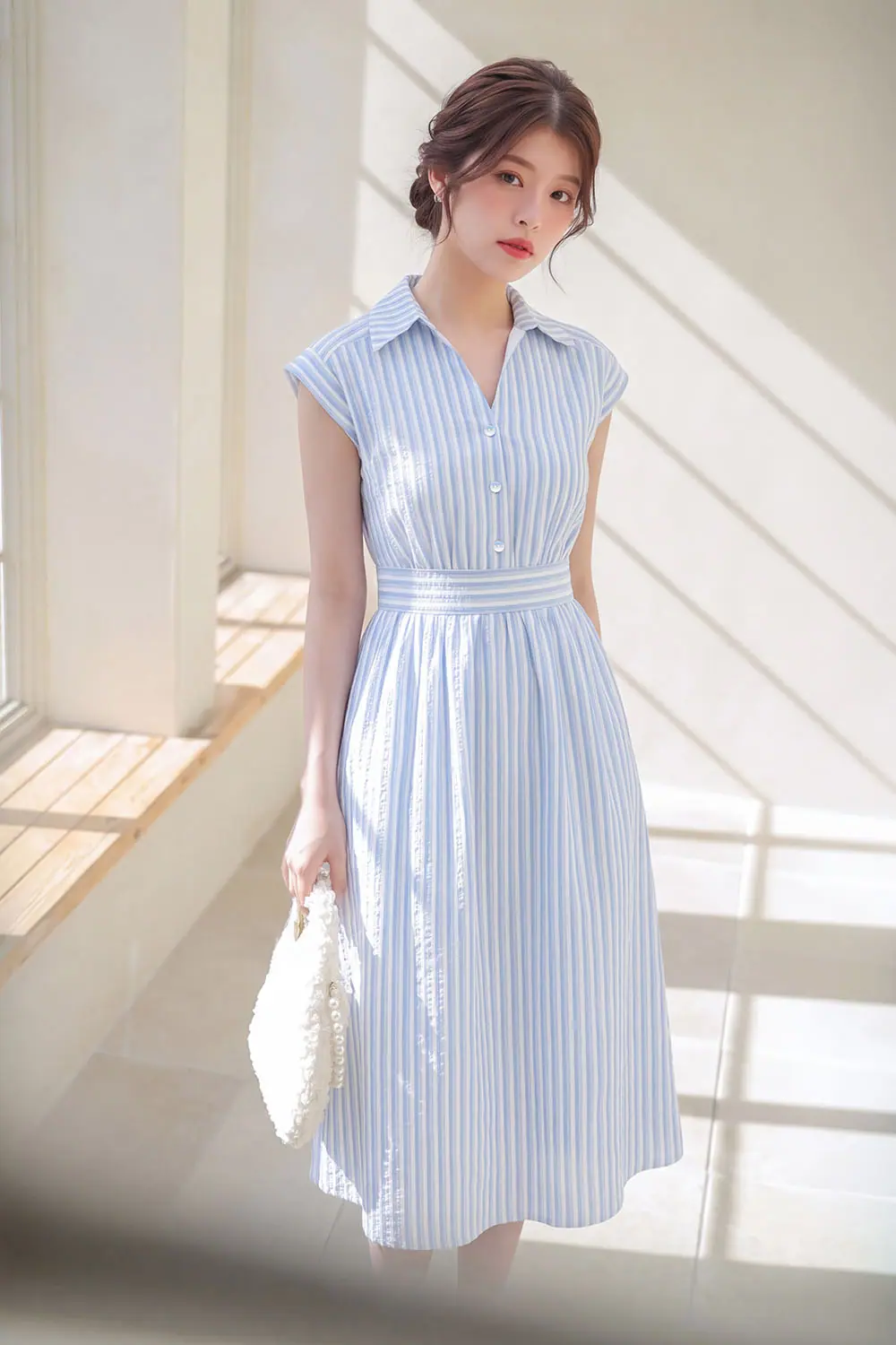 Đầm sơ mi công sở kẻ sọc dáng xòe