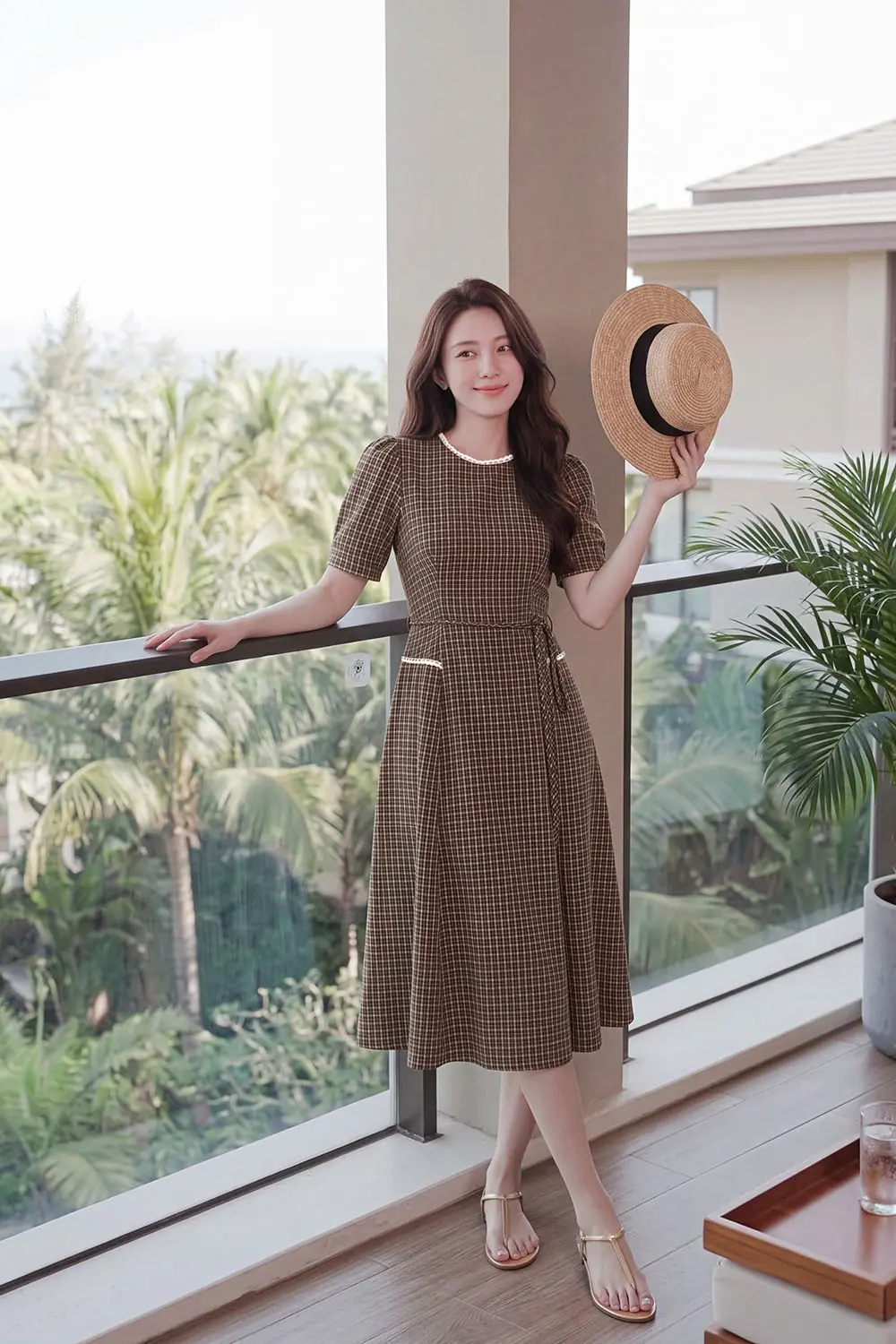 Đầm caro nâu dáng xòe phối dây nơ eo