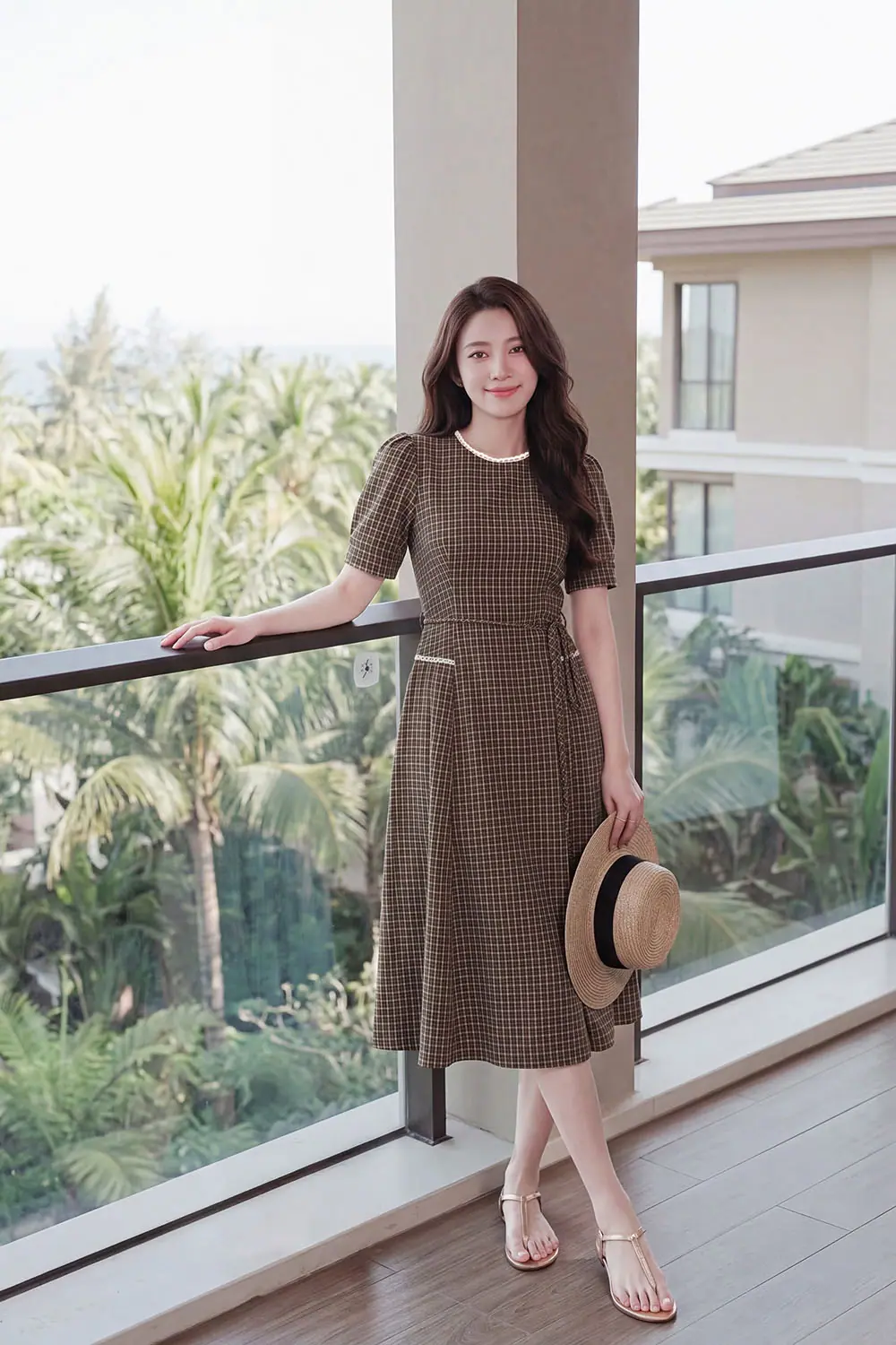 Đầm caro nâu dáng xòe phối dây nơ eo
