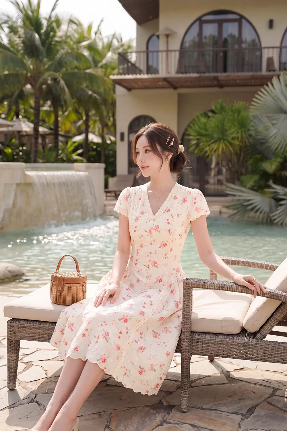 Đầm xô thêu hoa nhí cổ V phối ren