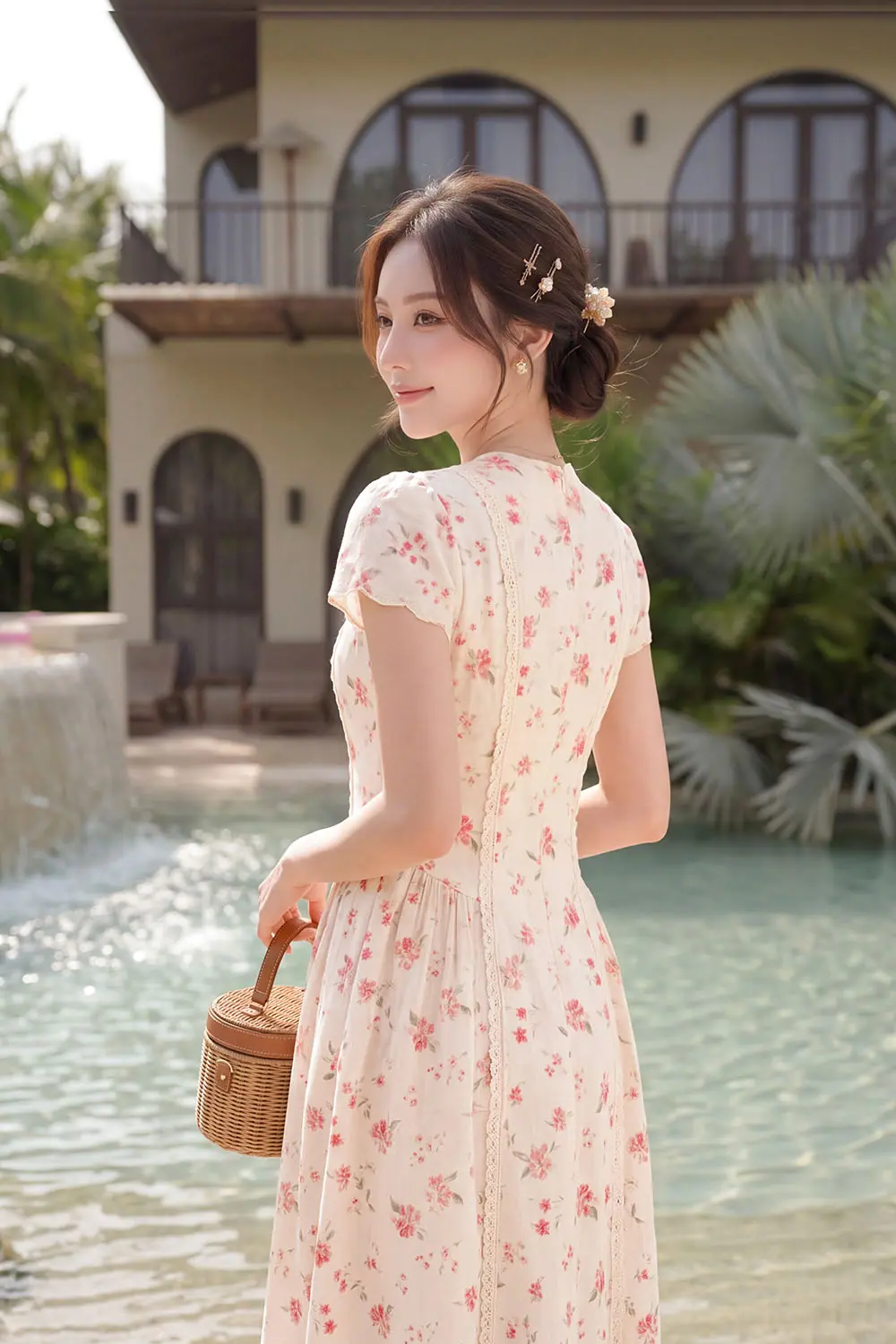 Đầm xô thêu hoa nhí cổ V phối ren
