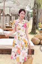 Đầm linen hoa cổ sơ mi phối ren