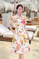 Đầm linen hoa cổ sơ mi phối ren