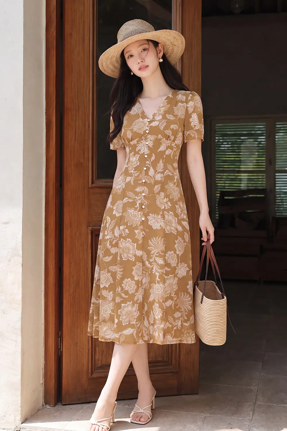 Đầm xòe chữ A họa tiết hoa cổ V phối nút