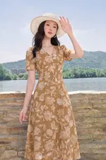 Đầm xòe chữ A họa tiết hoa cổ V phối nút