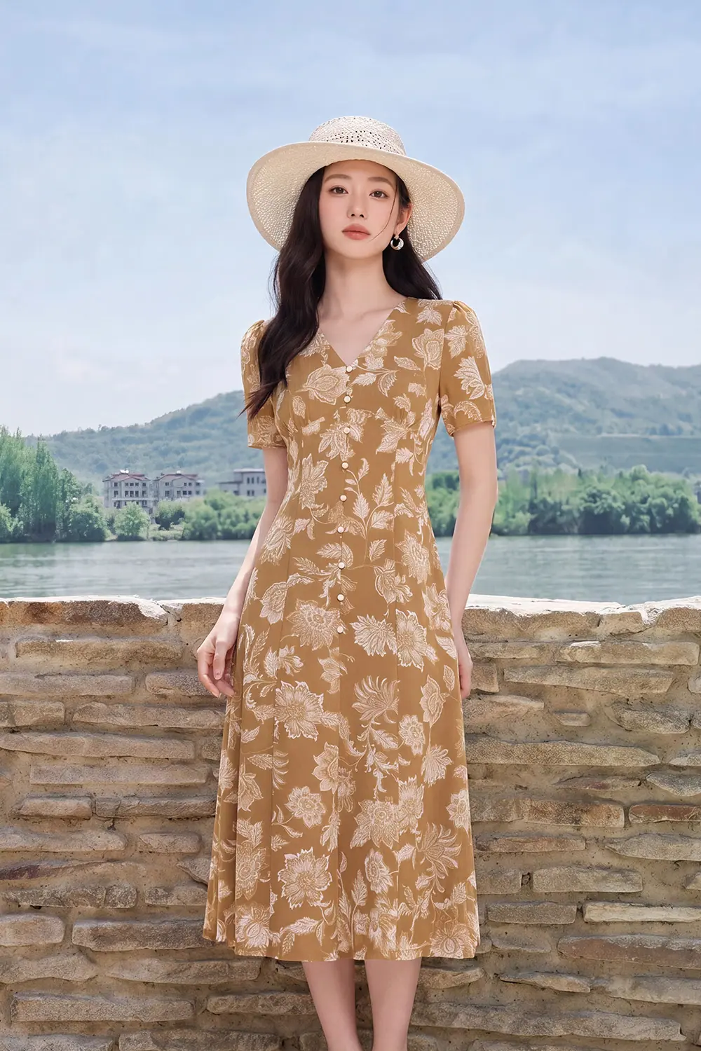 Đầm xòe chữ A họa tiết hoa cổ V phối nút