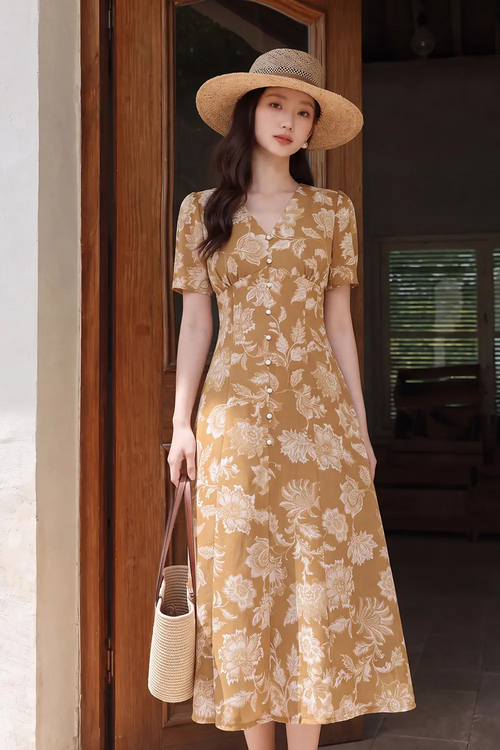 Đầm xòe chữ A họa tiết hoa cổ V phối nút