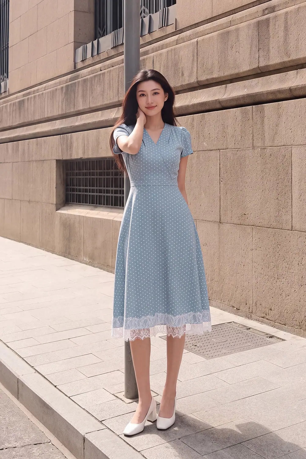 Đầm xòe chấm bi cổ đắp chéo phối ren