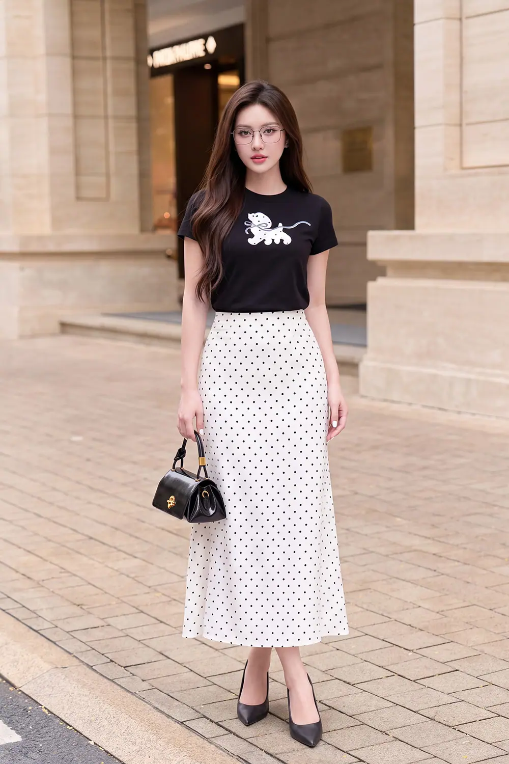 Áo thun cotton nữ màu đen in họa tiết