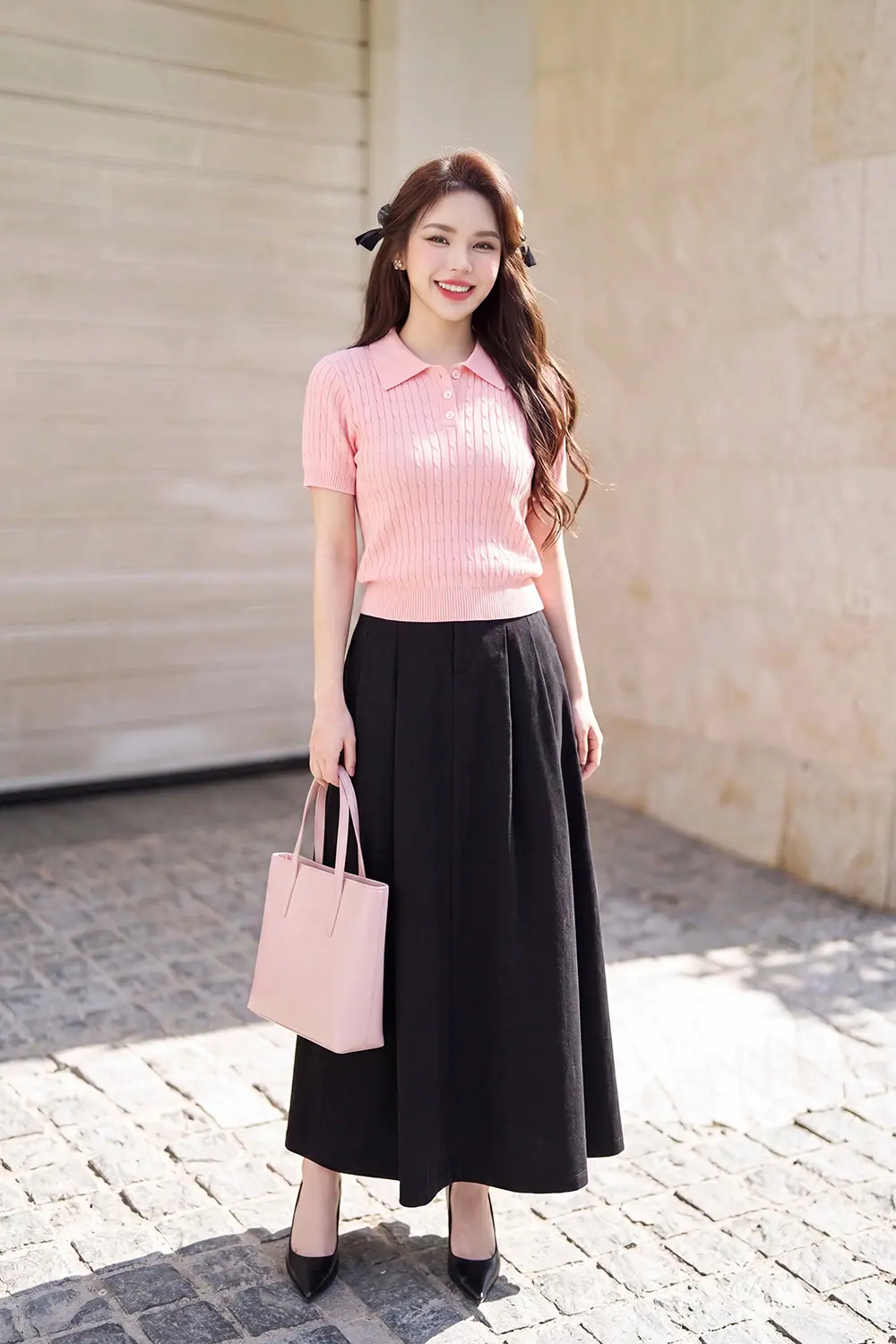 Áo len dệt kim polo màu hồng