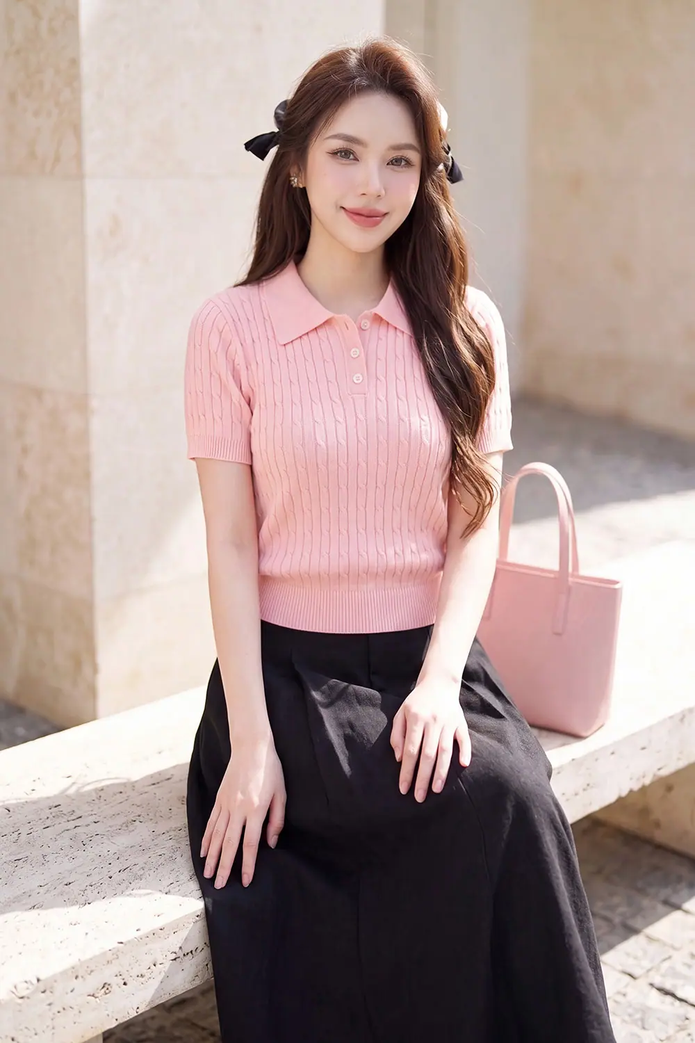 Áo len dệt kim polo màu hồng