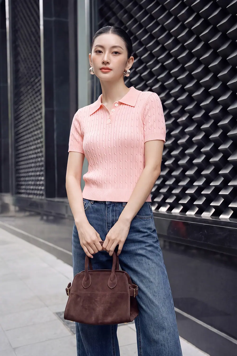 Áo len dệt kim polo màu hồng