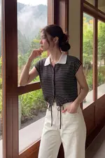 Áo polo nữ sọc đen trắng phối dây rút