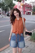 Áo thun gân cổ sơ mi sọc ngang màu cam