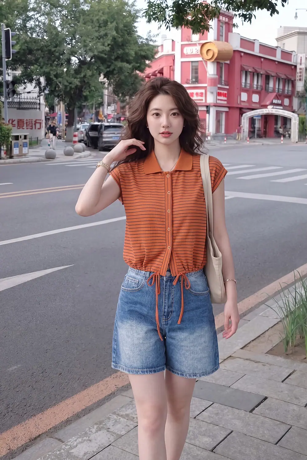 Áo thun gân cổ sơ mi sọc ngang màu cam