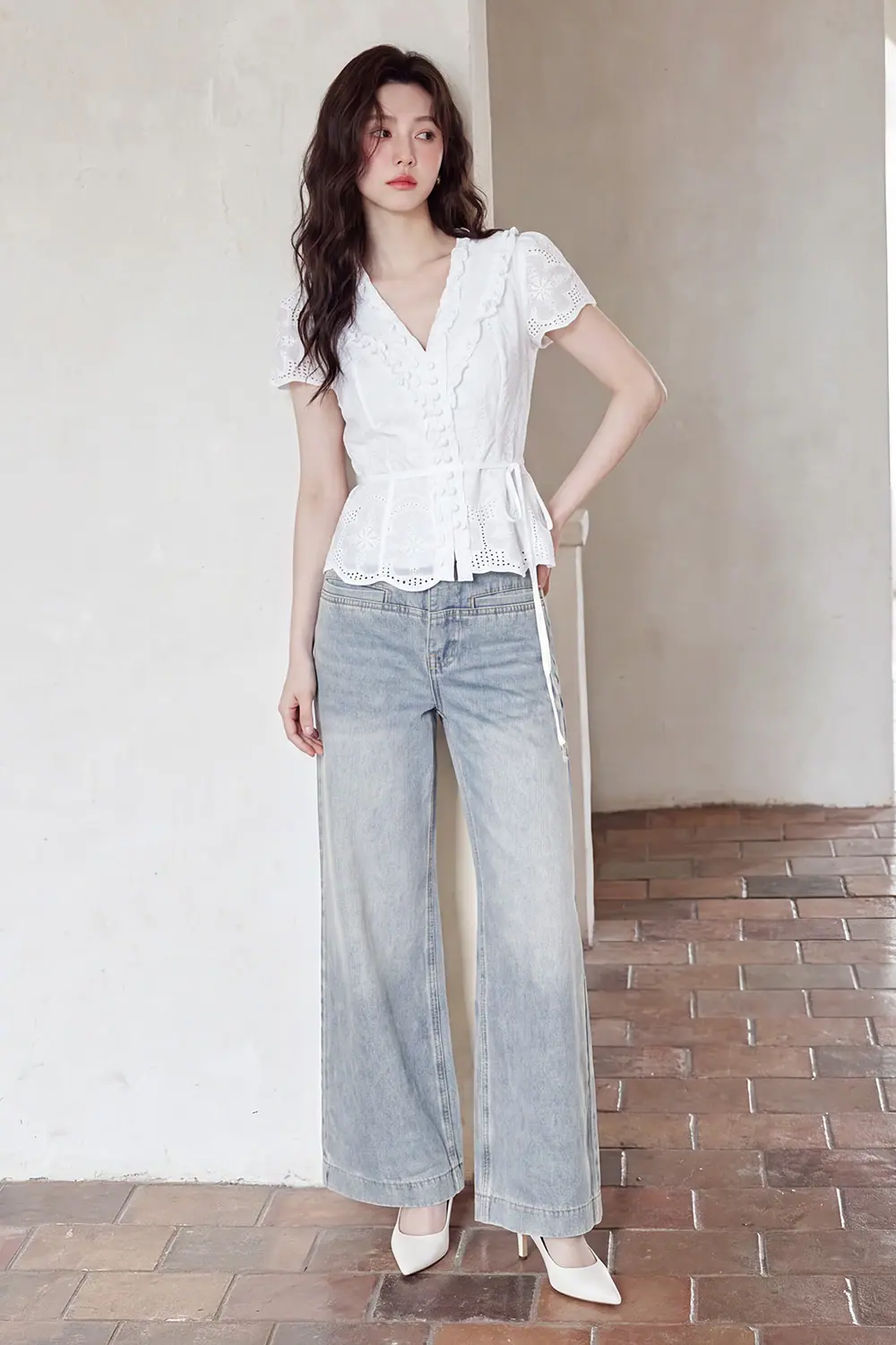 Quần jeans ống rộng màu xanh xám