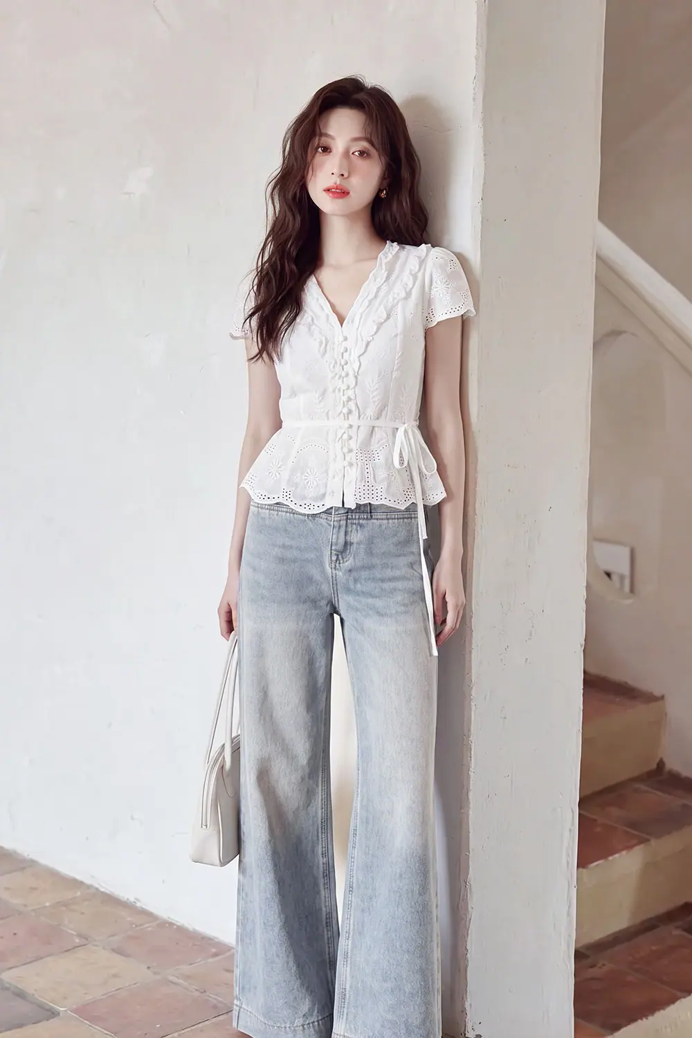 Quần jeans ống rộng màu xanh xám