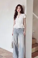 Quần jeans ống rộng màu xanh xám