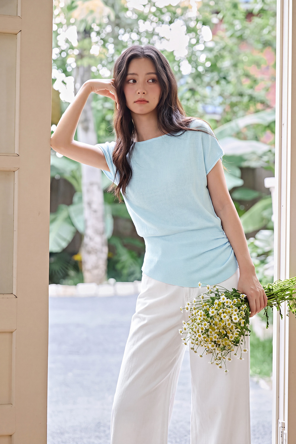 Áo len dệt kim bo eo màu xanh