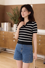 Áo len dệt kim cổ polo đen sọc trắng