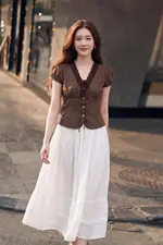 Áo kiểu xô thêu màu nâu cổ V phối ren