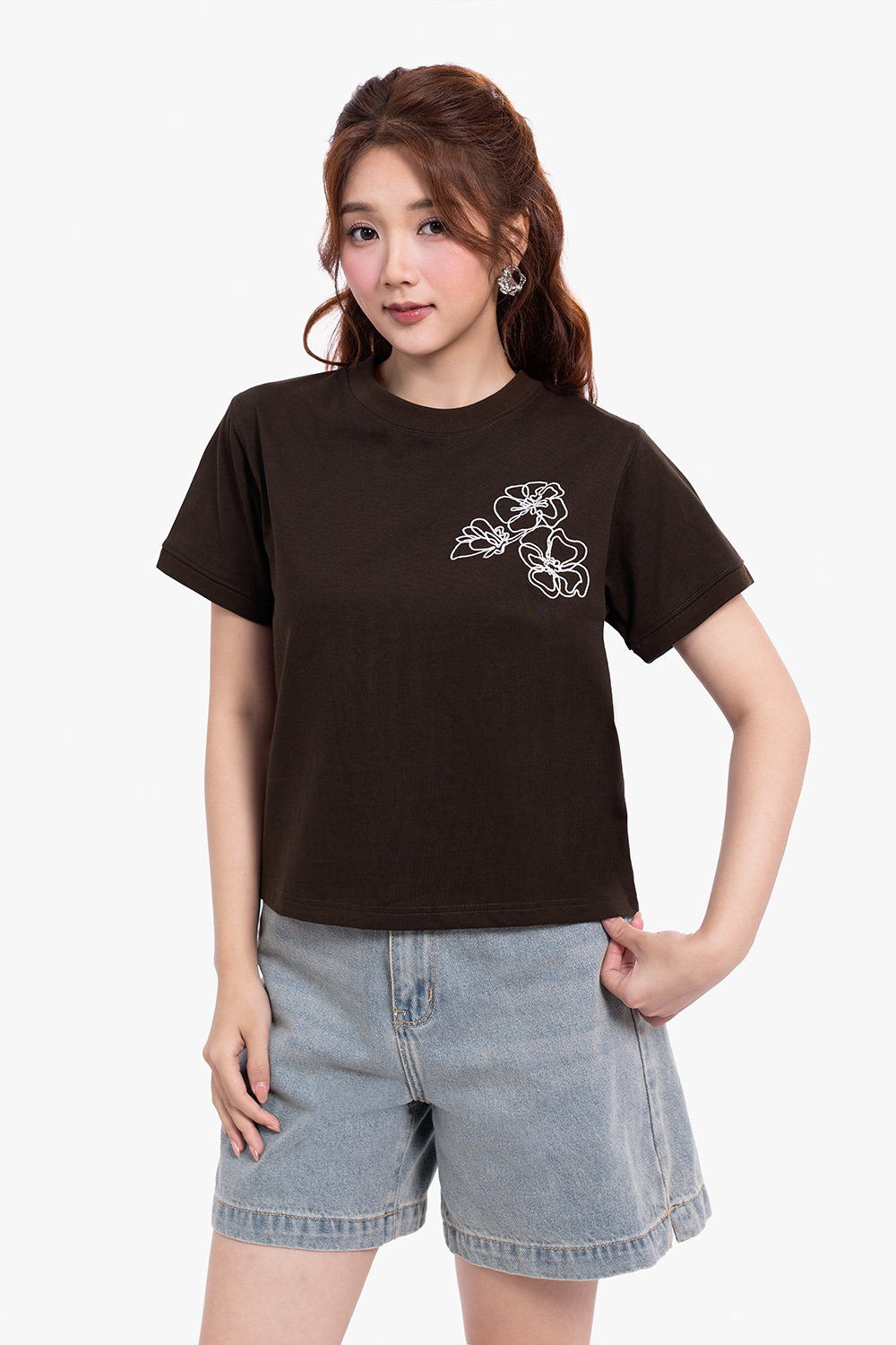Áo thun cotton nữ màu nâu in hoa